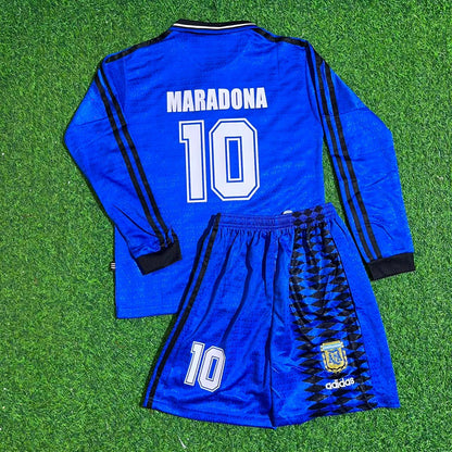 Diego Maradona Argentina 1994 World Cup Long Sleeve Blue Kids Retro Football Jersey Kit