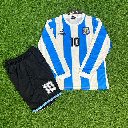 Diego Maradona Argentina 1986 World Cup Retro Long Sleeve KIDS Football Jersey Kit