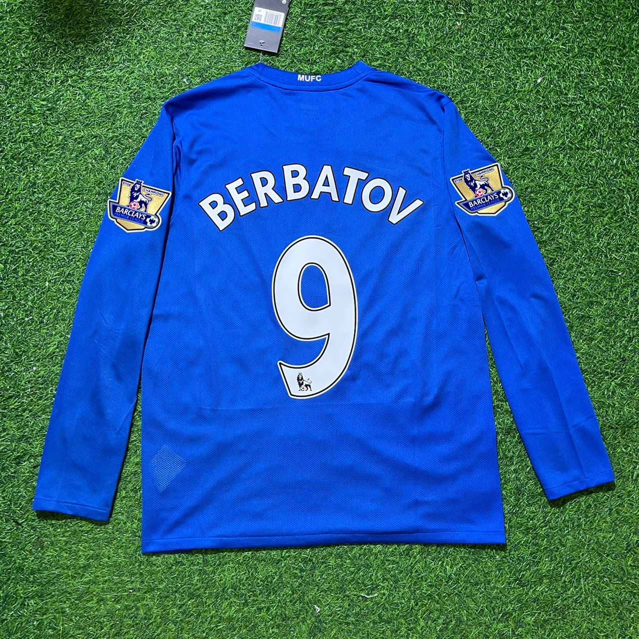 Dimitar Berbatov Manchester United 2008 Blue EPL Patch Retro Long Sleeve Football Jersey