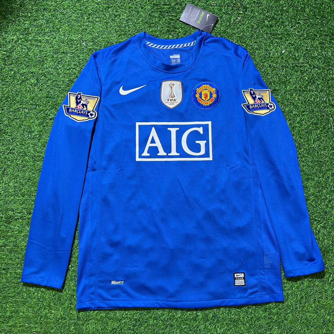 Dimitar Berbatov Manchester United 2008 Blue EPL Patch Retro Long Sleeve Football Jersey