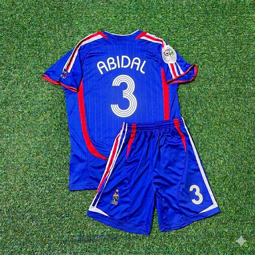 Maillot de foot rétro bleu pour enfant Éric Abidal #3 France Coupe du Monde 2006