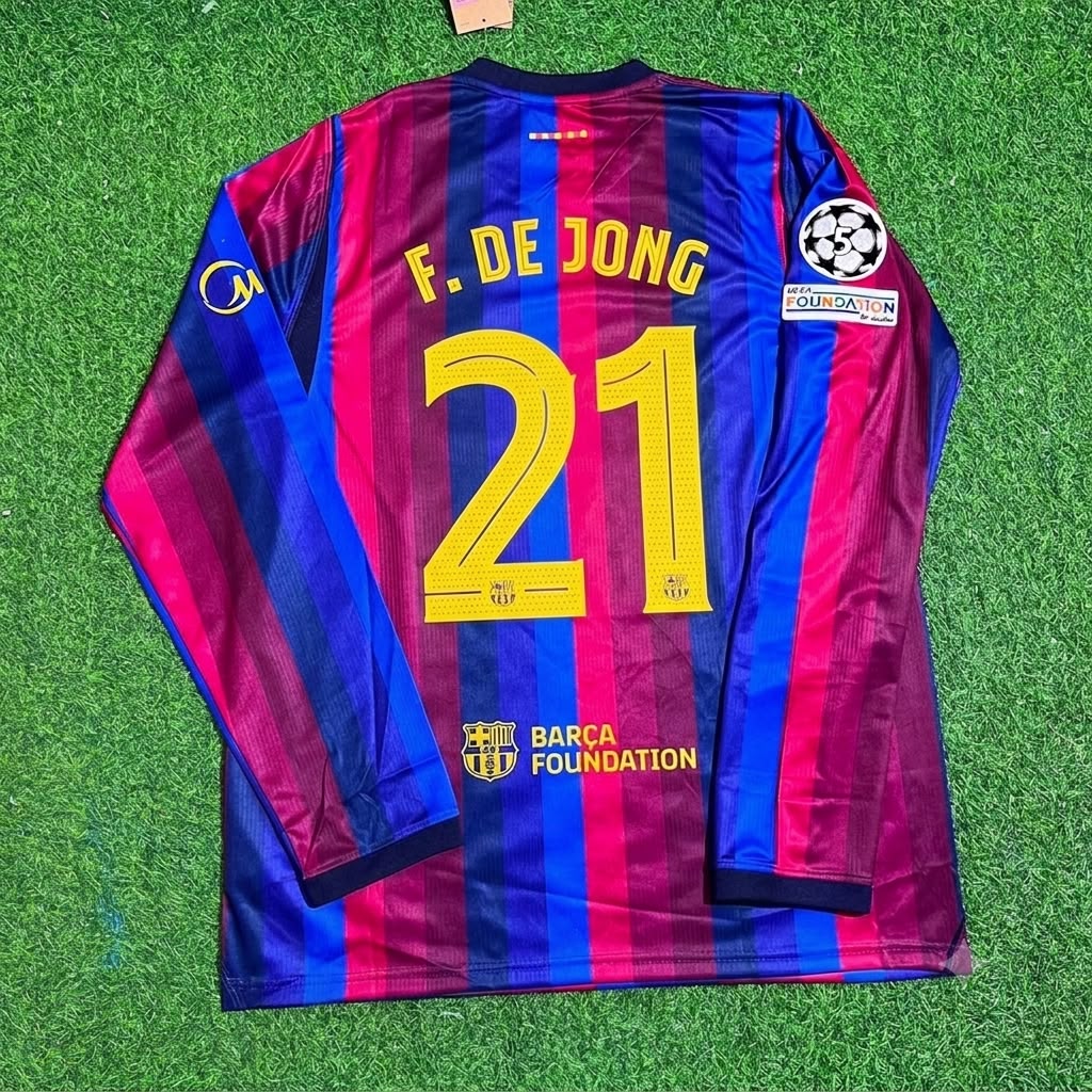 Frenkie De Jong #21 Barcelona 2027 New Season Champions League Patch Home Long Sleeve Jersey Trikot Maillot Soccer Shirt