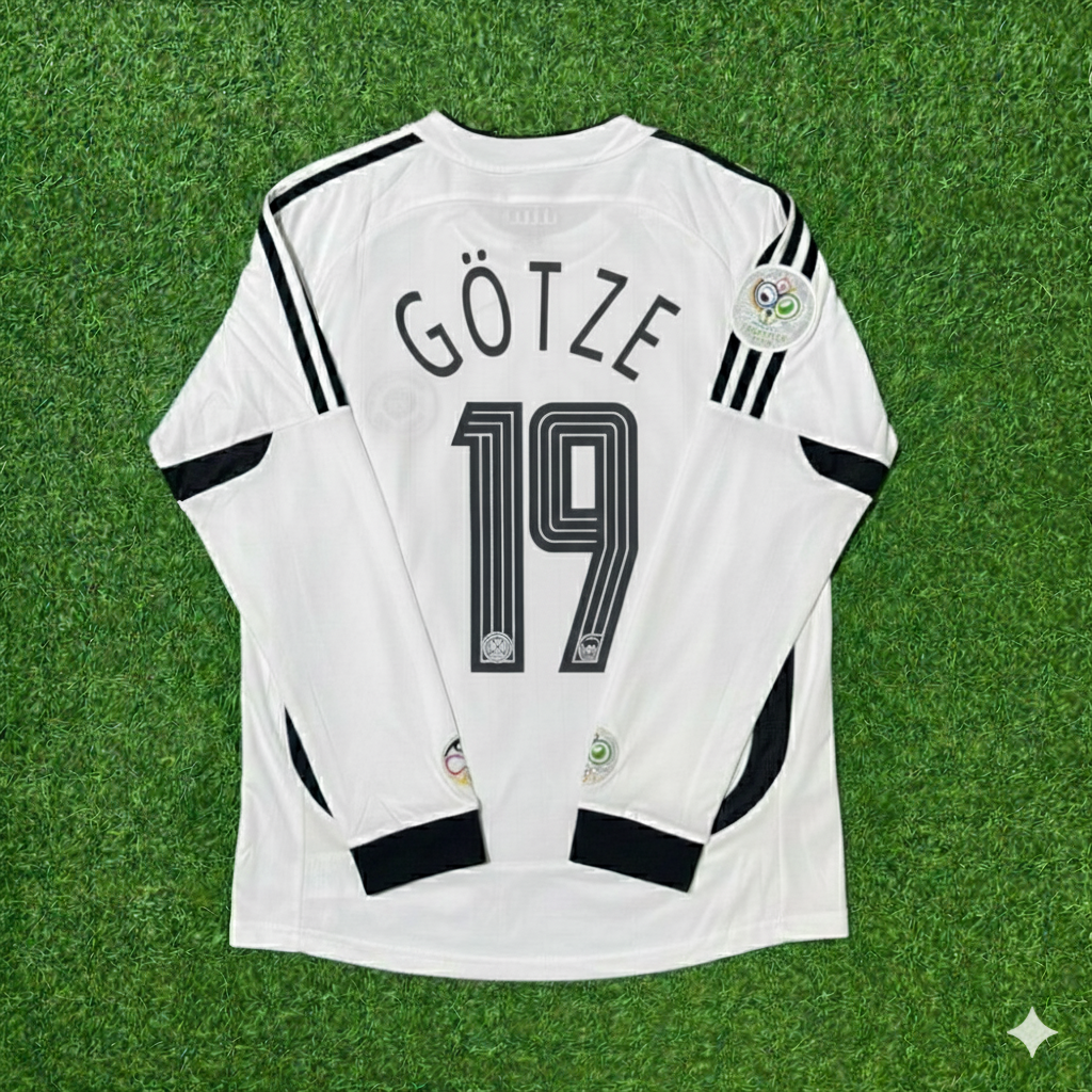 Maillot de football rétro blanc à manches longues Mario Götze Allemagne Coupe du Monde Maillot de football à manches longues