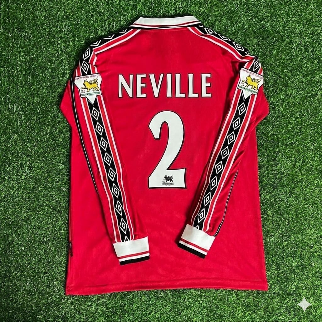 Gary Neville 2 - Manchester United 1999 Red Long Sleeve Kit Jersey Trikot Maillot