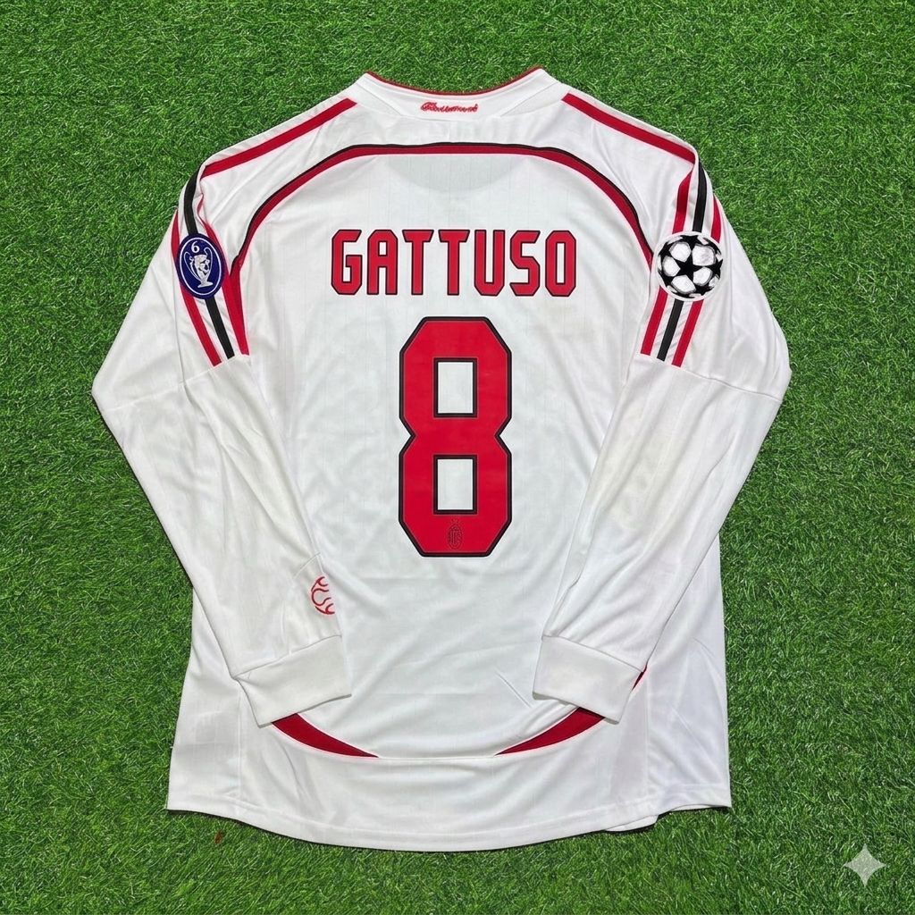 Gennaro Gattuso #8 AC Milan 2007 Champions League Final Away White Long Sleeve Retro Jersey