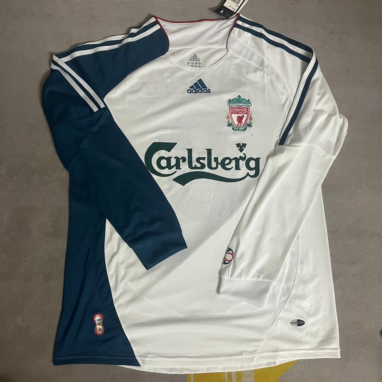 Steven Gerrard Liverpool 2007 White Blue Long Sleeve Retro Jersey