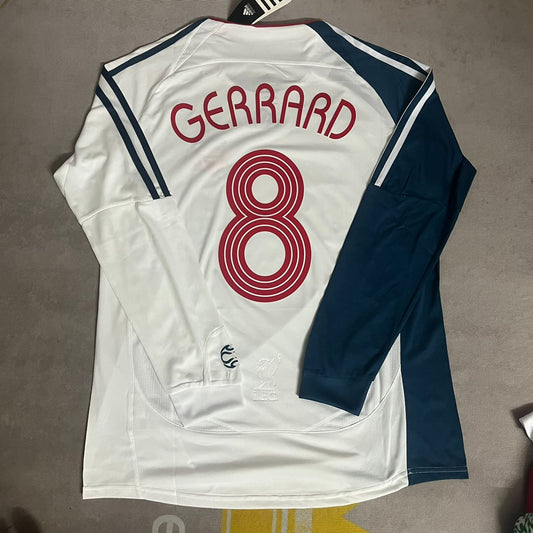 Steven Gerrard Liverpool 2007 White Blue Long Sleeve Retro Jersey