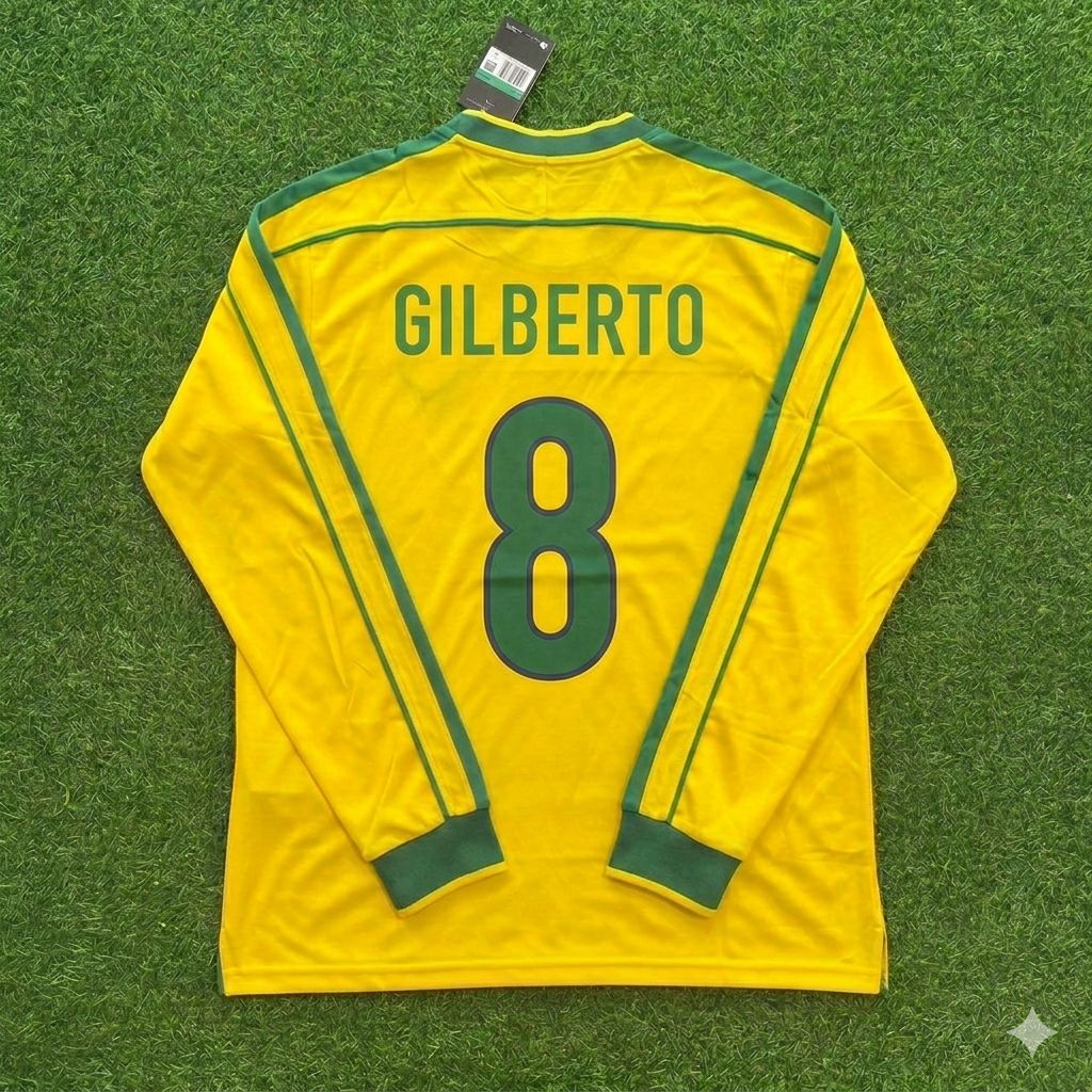 Gilberto Silva #8- Brazil Long Sleeve Retro Football Kit Jersey Trikot Maillot Shirt