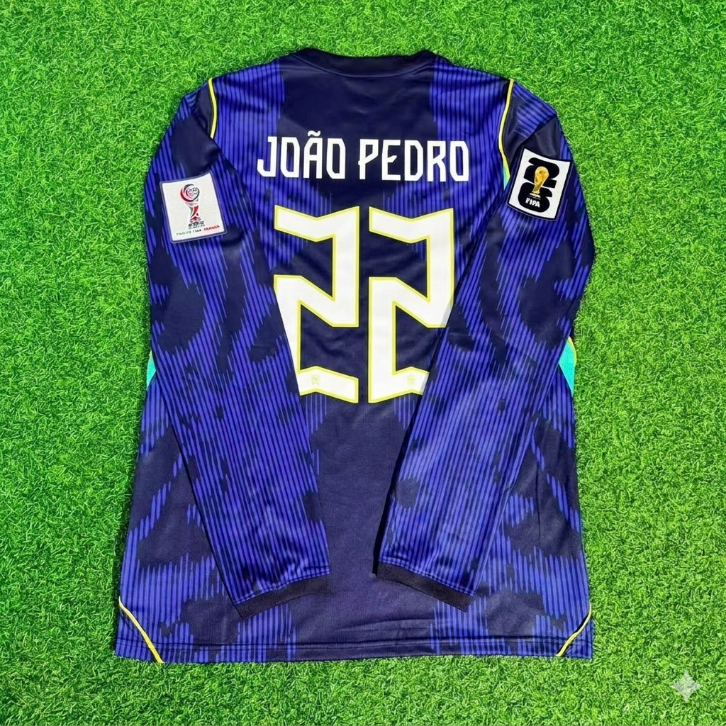 João Pedro 22# Brasilien WM 2026 Ärmel Blaues Auswärtstrikot