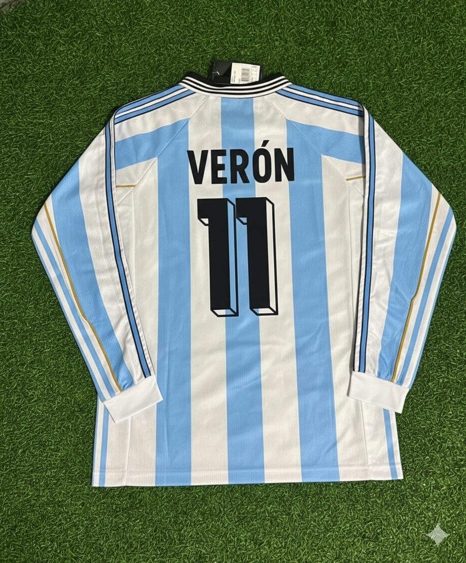Juan Sebastian Veron Argentina 1998 World Cup White Long Sleeve Retro Football Jersey Kit
