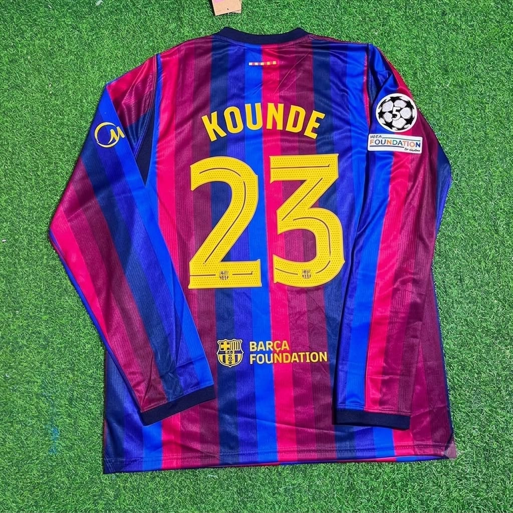Jules Kounde #23 Barcelona 2027 New Season Champions League Patch Home Long Sleeve Jersey Trikot Maillot Soccer Shirt