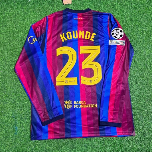 Jules Kounde #23 Barcelona 2027 New Season Champions League Patch Home Long Sleeve Jersey Trikot Maillot Soccer Shirt