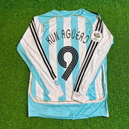 Sergio Kun Agüero #9 Argentina Retro Home Long Sleeve Football Jersey