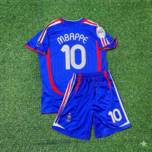 Kylian Mbappé #10 France World Cup Kids Blue Retro Football Jersey Kit