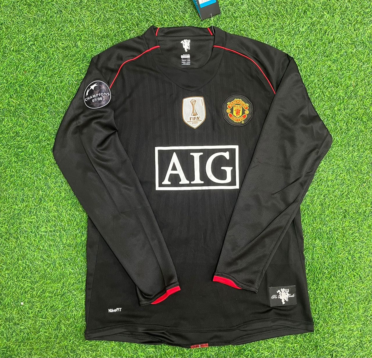Manchester United 2007/2008 Champions League Patch Black Retro Football Jersey Kit