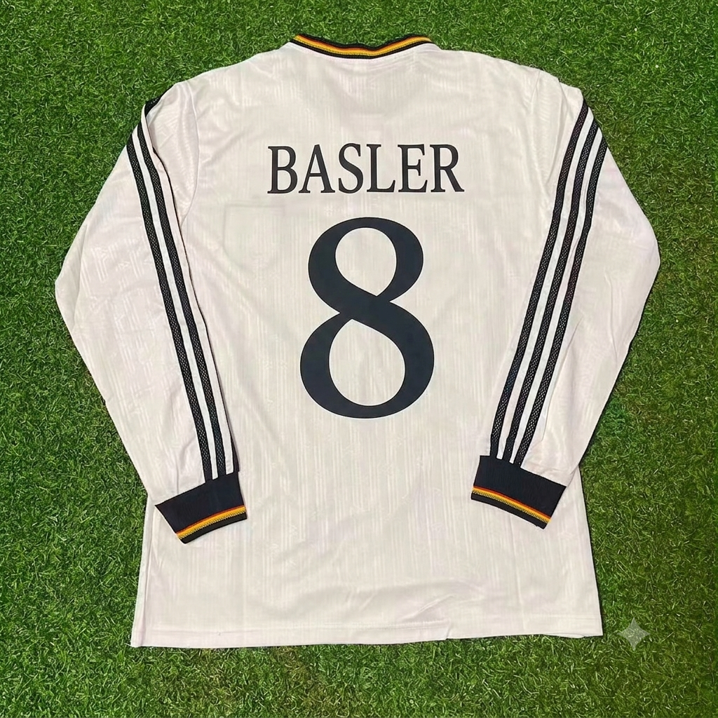 Mario Basler #8 Germany EURO 1996 Final Home Long Sleeve Retro Football Jersey Kit