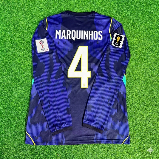 Marquinhos 4# Brazil 2026 World Cup Long Sleeve Blue Away Jersey Trikot