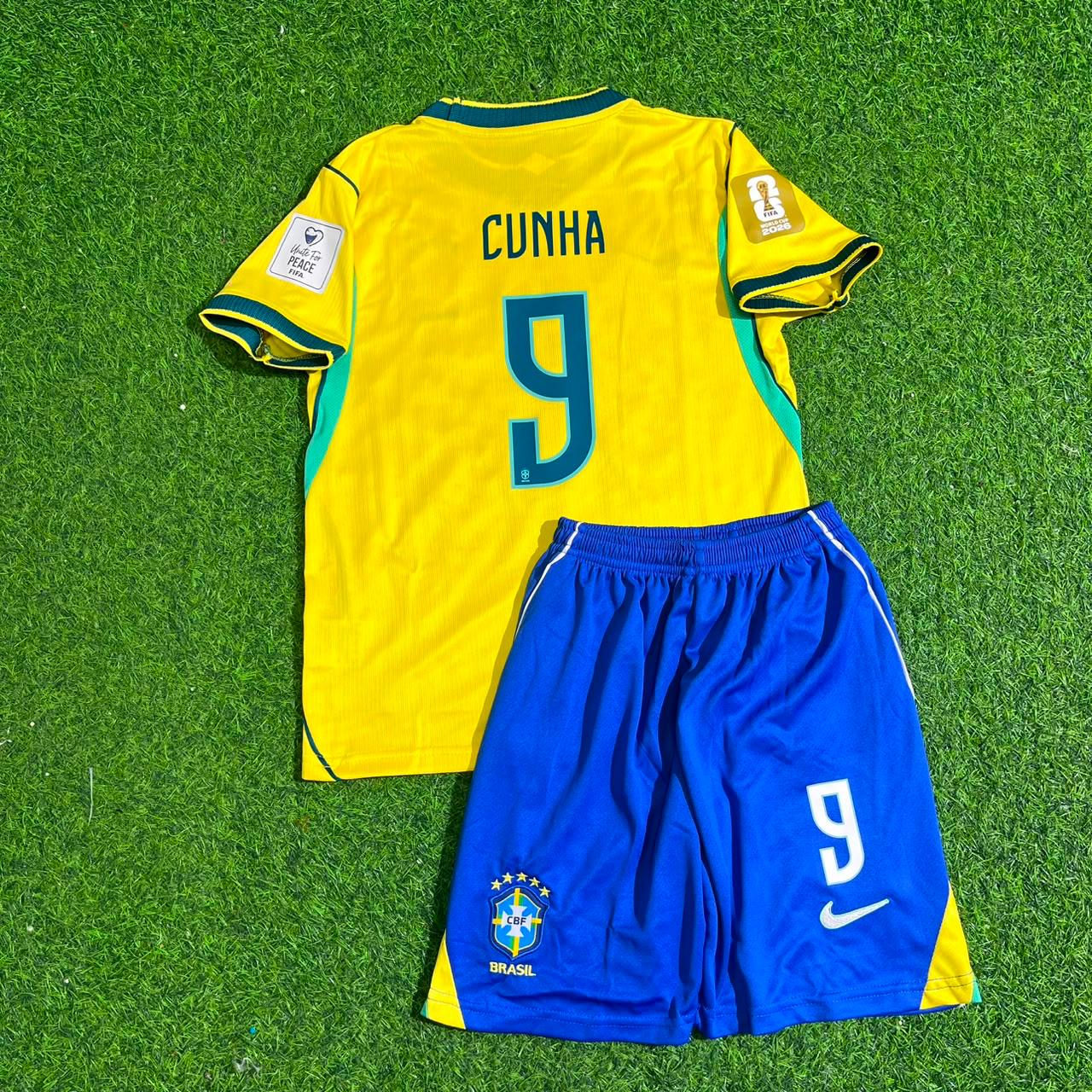 Matheus Cunha #9 Brazil 2026 World Cup Yellow Home Kids Football Jersey