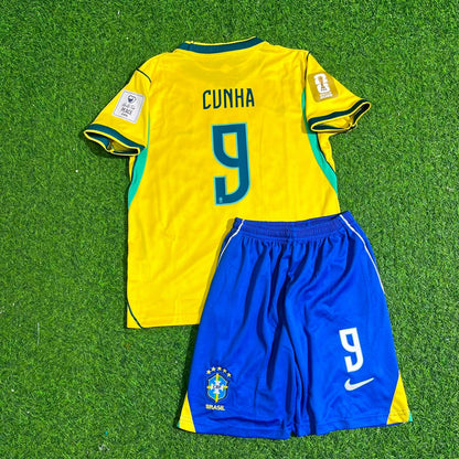 Matheus Cunha #9 Brazil 2026 World Cup Yellow Home Kids Football Jersey