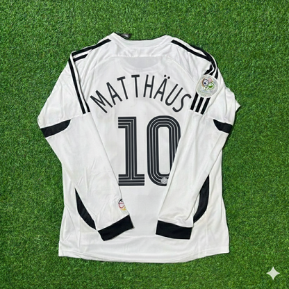 Maillot de football rétro blanc à manches longues Lothar Mätthaus Allemagne Coupe du Monde Maillot de football à manches longues et manches longues Lothar Mätthaus Allemagne
