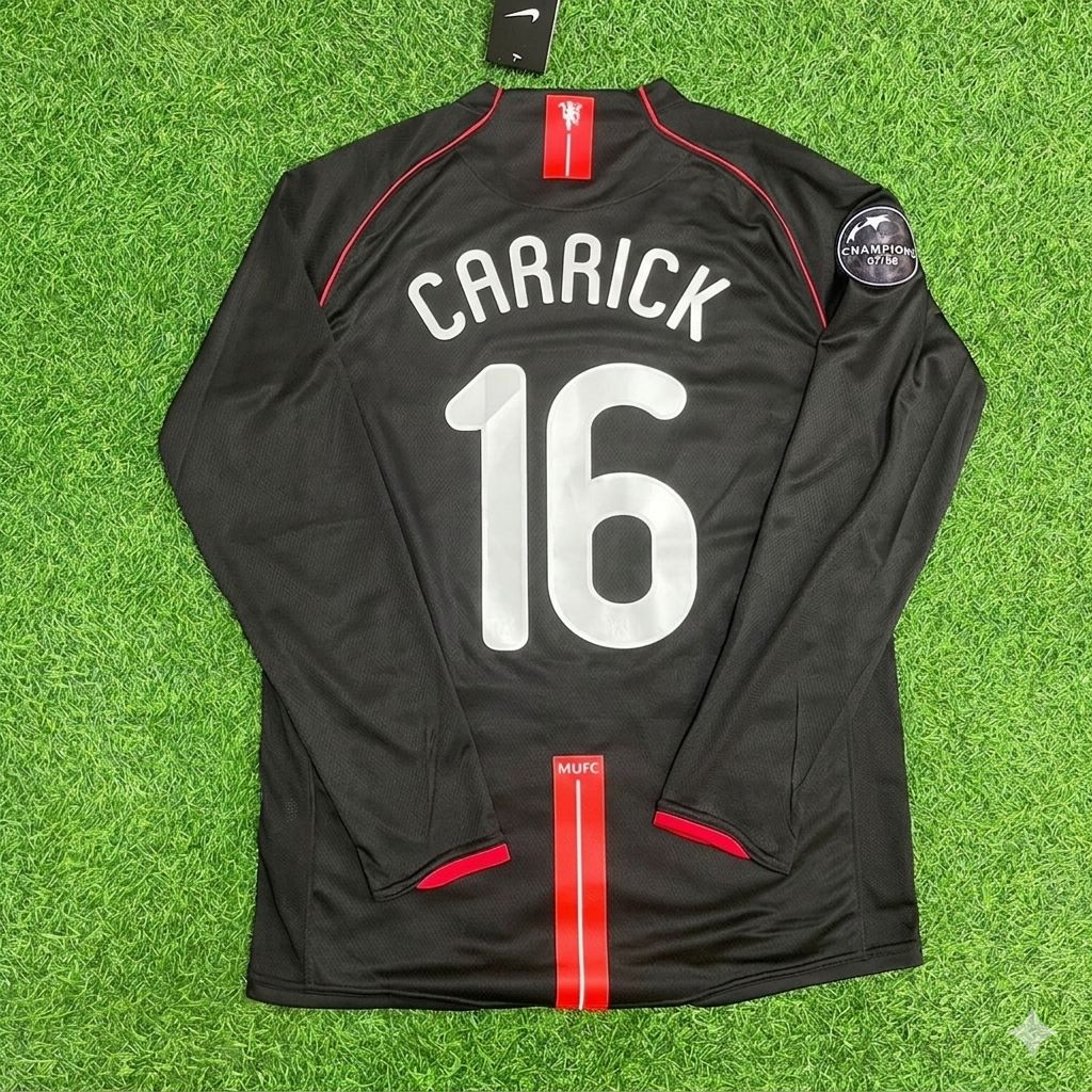 Michael Carrick Manchester United 2007/2008 Champions League Patch Black Retro Football Jersey Kit