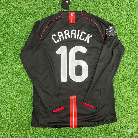 Michael Carrick Manchester United 2007/2008 Champions League Patch Black Retro Football Jersey Kit