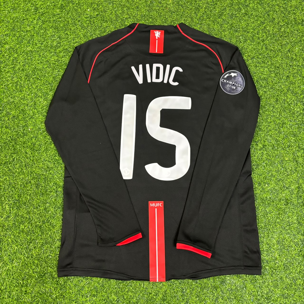 Nemanja Vidic Manchester United 2007/2008 Champions League Patch Black Retro Football Jersey Kit