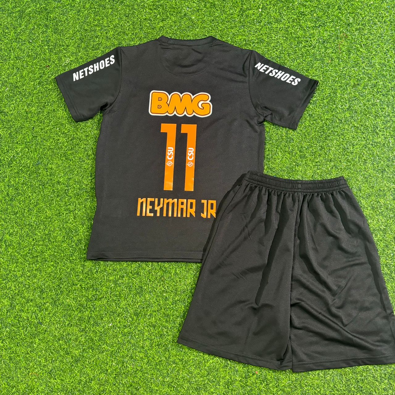 Neymar Jr #11 Santos Black Special Golden Font Kids Retro Football Jersey Kit