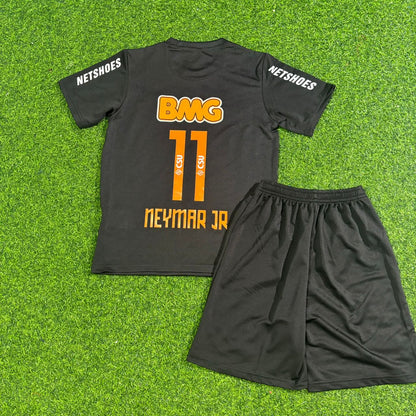 Neymar Jr #11 Santos Black Special Golden Font Kids Retro Football Jersey Kit