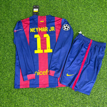 Maillot de football rétro à manches longues pour enfant, porté par Neymar Jr et le FC Barcelone, lors de la finale de la Ligue des champions 2015.