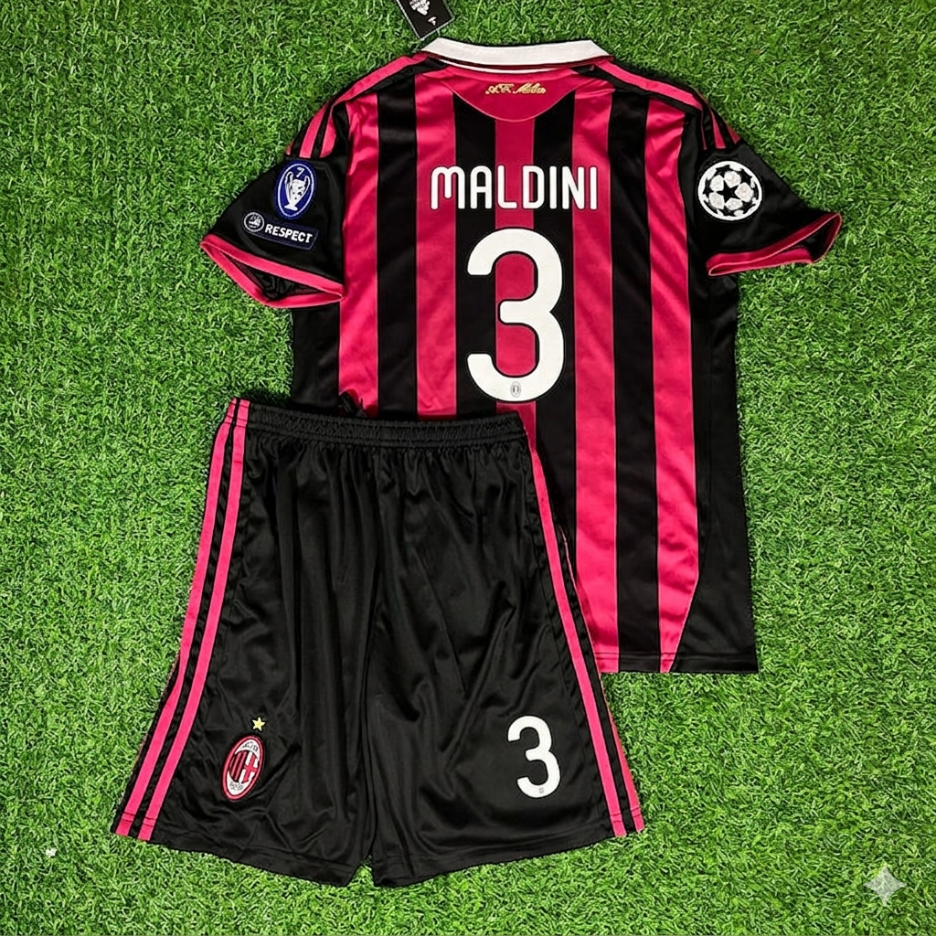 Paolo Maldini #3– AC Milan 2009-10 Retro Kit Jersey – | KinderTrikot | Maillot Enfant Soccer Shirt