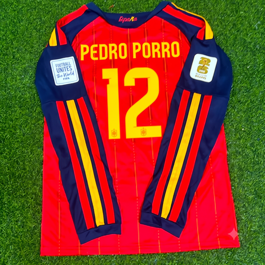 Pedro Porro #12 Spain 2026 World Cup Home Long Sleeve Jersey Trikot Maillot