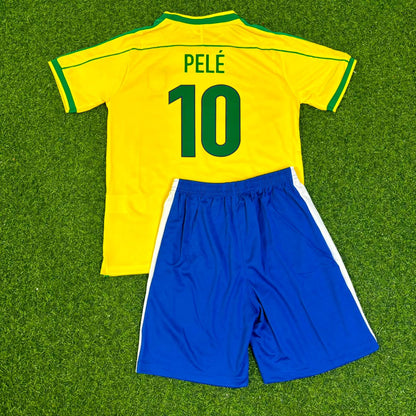 Pele #10 Brazil Retro Kids Soccer Kit Jersey Kinder Trikot Maillot Enfant Soccer Shirt