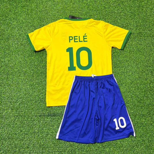 Yellow soccer jersey with 'PELE' and number '10' on a green grass background
