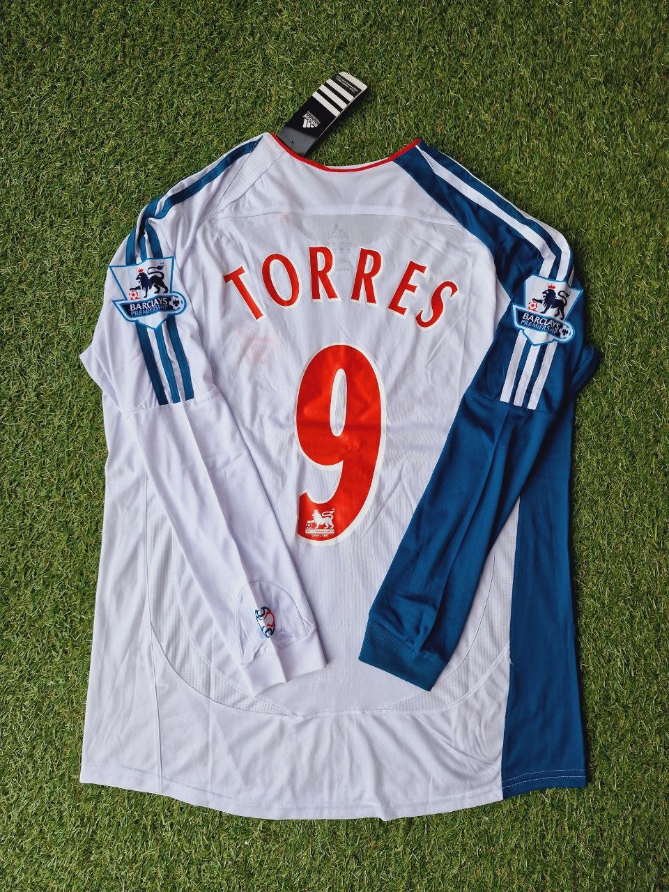 Fernando Torres Liverpool 2007 White Blue Long Sleeve Retro Kit Jersey Trikot Maglia Premier League Patch