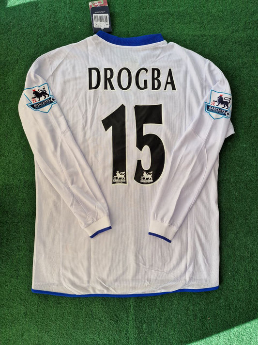 Didier Drogba 15 Chelsea Away 2004 Retro White Long Sleeve Jersey Trikot Kit Maillot