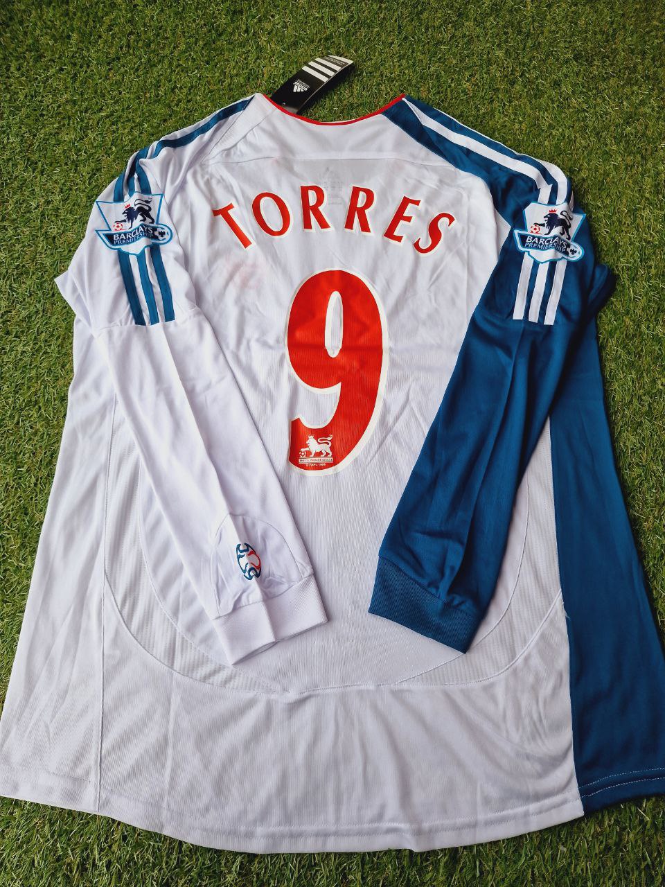 Fernando Torres Liverpool 2007 White Blue Long Sleeve Retro Kit Jersey Trikot Maglia Premier League Patch