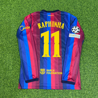 Raphinha #11 Barcelona 2027 New Season Champions League Patch Home Long Sleeve Jersey Trikot Maillot Soccer Shirt