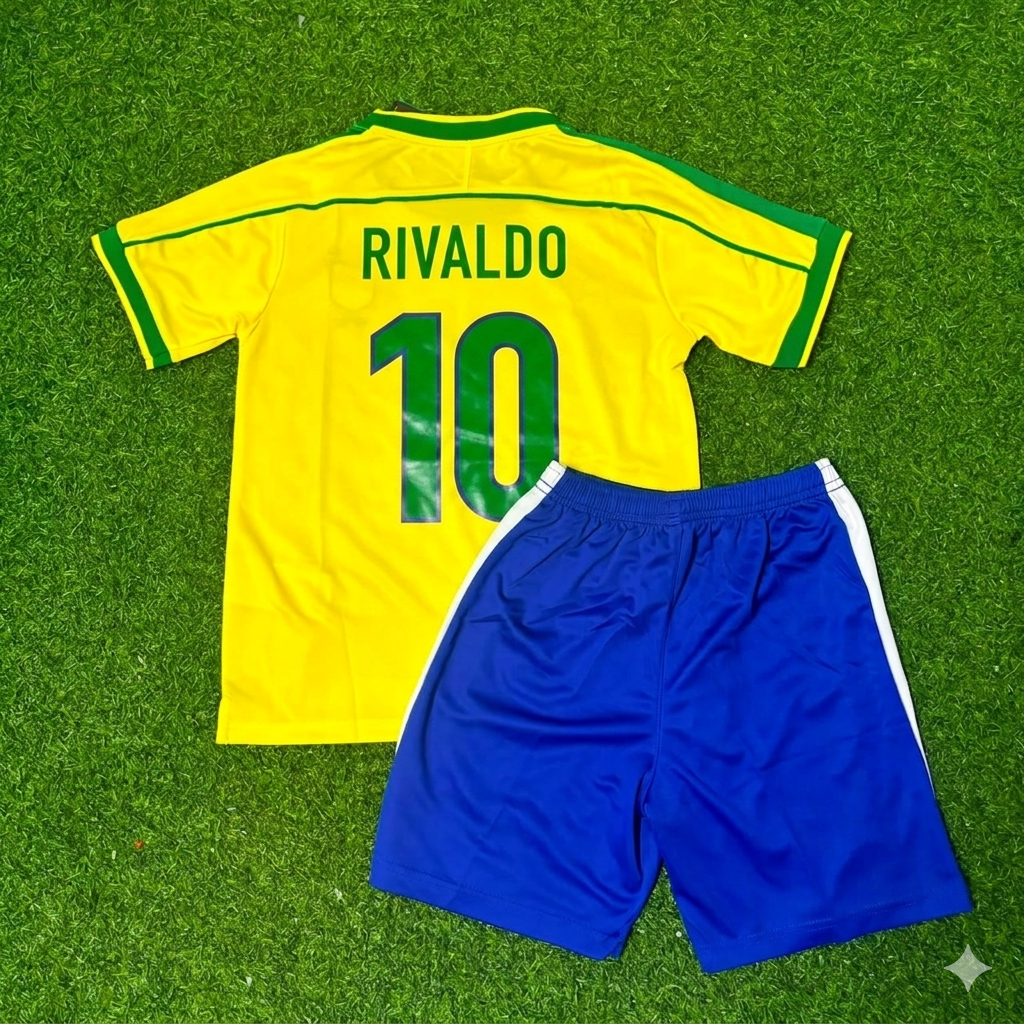 Rivaldo #10 Brazil 2002 World Cup Retro Kids Soccer Kit Jersey Kinder Trikot Maillot Enfant Soccer Shirt