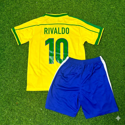 Rivaldo #10 Brazil 2002 World Cup Retro Kids Soccer Kit Jersey Kinder Trikot Maillot Enfant Soccer Shirt
