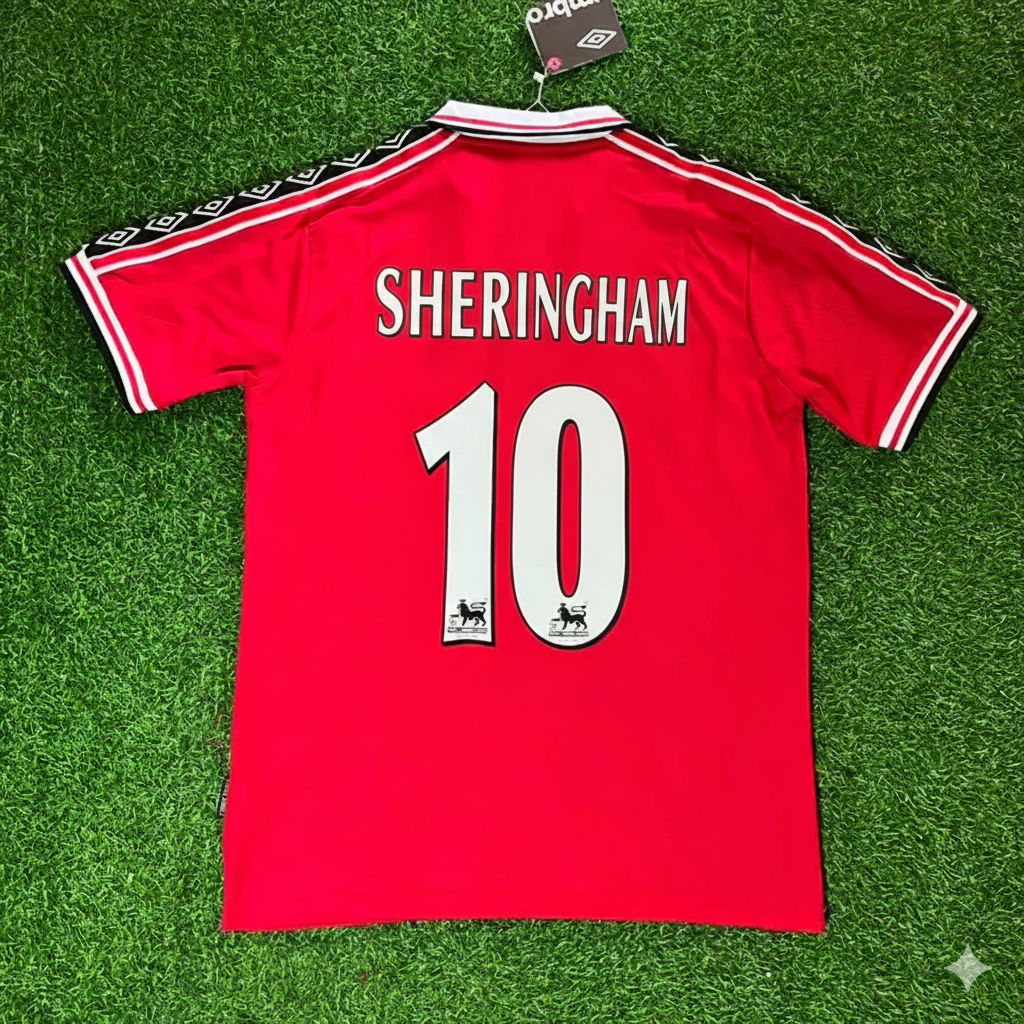 Teddy Sheringham Manchester United 1999 Red Retro Jersey Maillot Trikot Maglia Soccer Shirt
