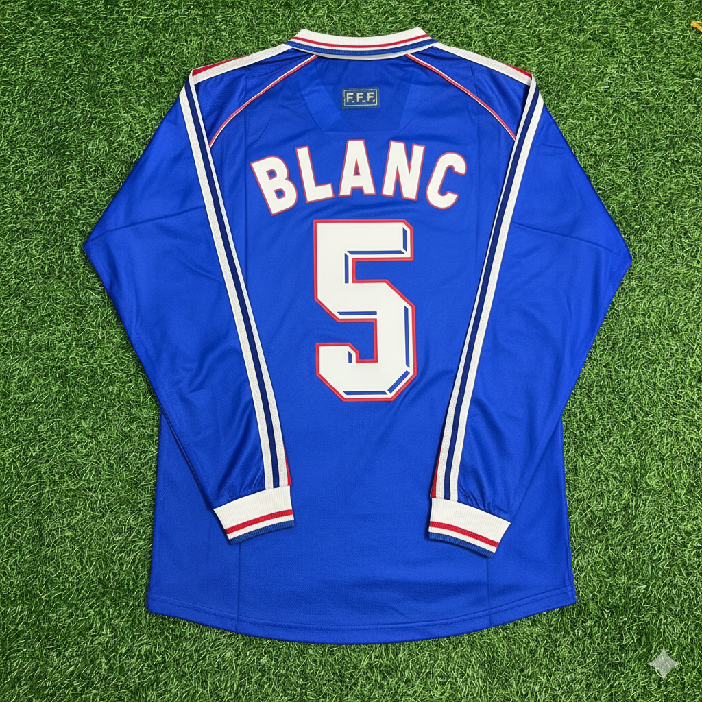 Laurent Blanc France 1998 World Cup Retro Long Sleeve Football Jersey Maillot Trikot Soccer Shirt