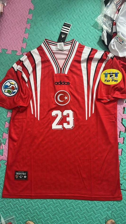Türkiye EURO 1996 Kirmizi Ozel Kollarda Patch Logolu Turkey Retro Beyaz Özel Forma Football Jersey Maglia Trikot Maillot