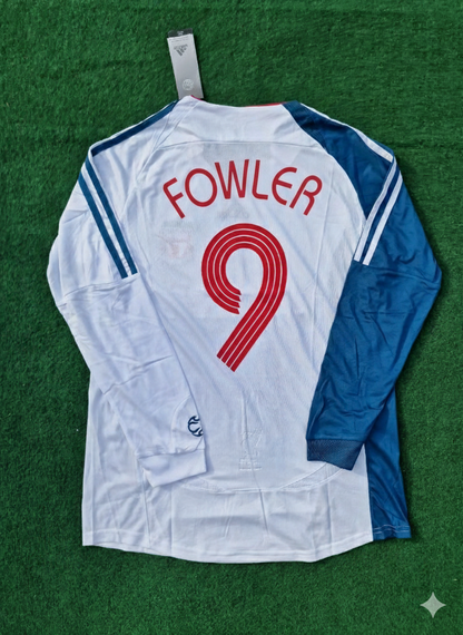 Maillot rétro Robbie Fowler Liverpool 2007 blanc et bleu à manches longues