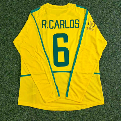 Roberto Carlos Brazil 2002 World Cup Final Yellow Long Sleeve Retro Football Jersey