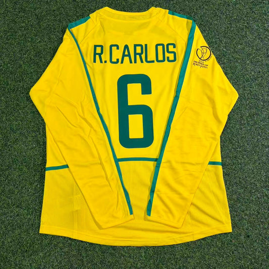 Roberto Carlos Brazil 2002 World Cup Final Yellow Long Sleeve Retro Football Jersey