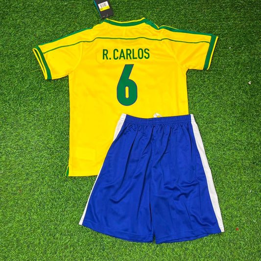 Roberto Carlos #6 Brazil 1998 World Cup Retro Kids Soccer Kit Jersey Kinder Trikot Maillot Enfant Soccer Shirt