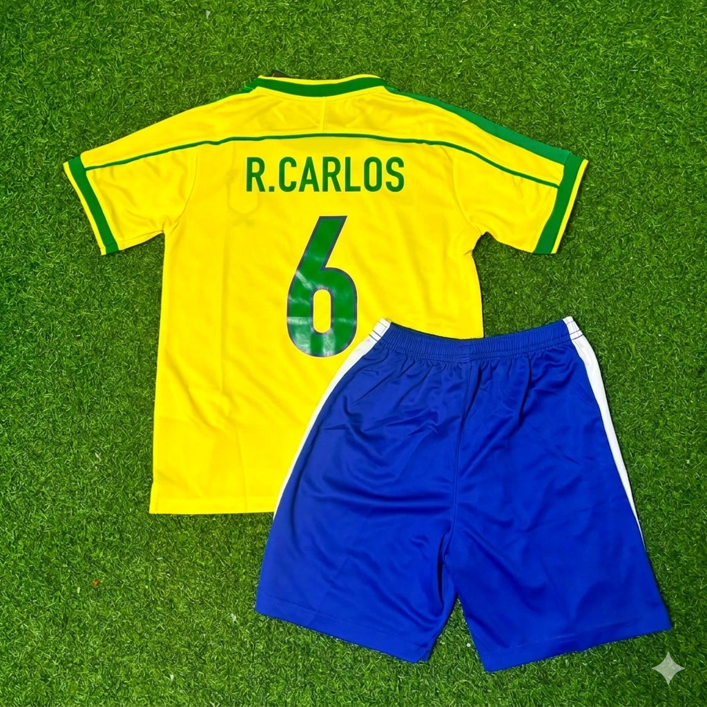 Roberto Carlos #6 Brazil 2002 World Cup Retro Kids Soccer Kit Jersey Kinder Trikot Maillot Enfant Soccer Shirt