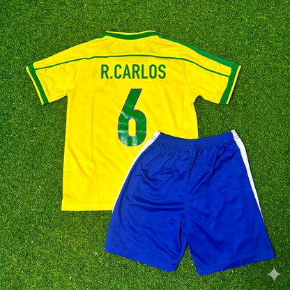 Roberto Carlos #6 Brazil 2002 World Cup Retro Kids Soccer Kit Jersey Kinder Trikot Maillot Enfant Soccer Shirt