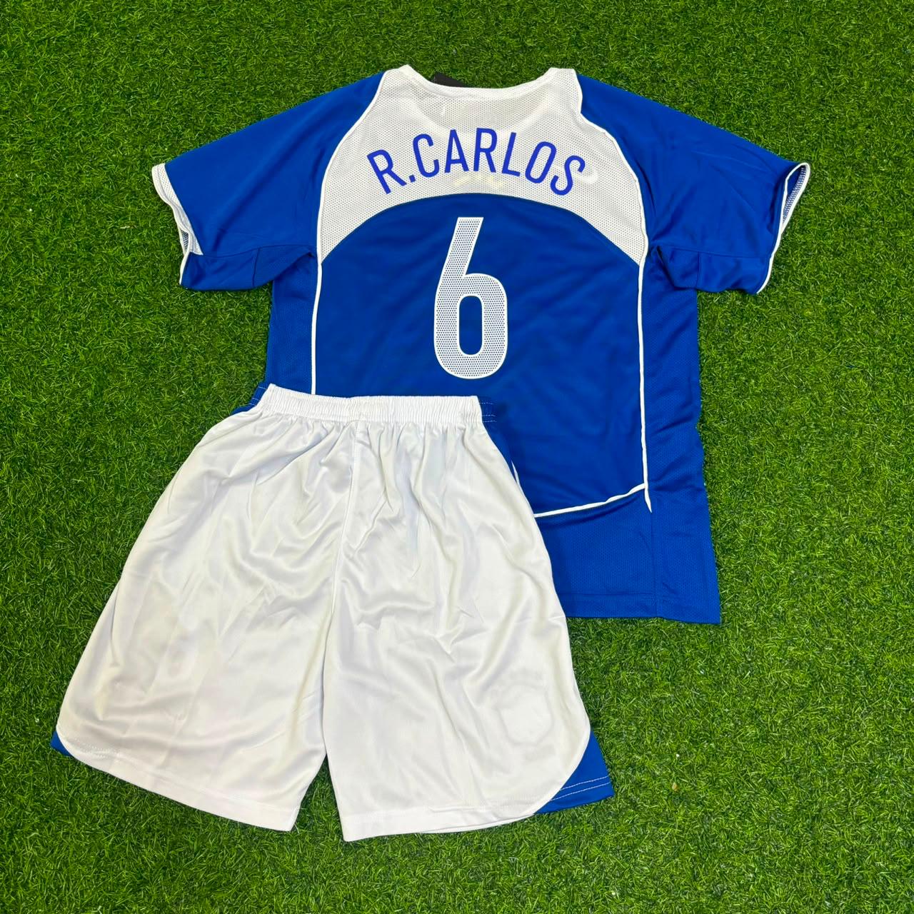Roberto Carlos #6 Brazil 2004 Blue Away Kids Kit Retro Football Jersey Kit